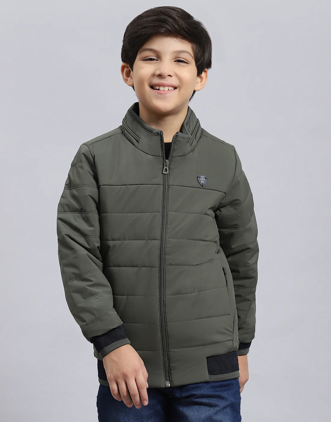 Boys Olive Solid Stand Collar Full Sleeve Boys Jacket - Image 2