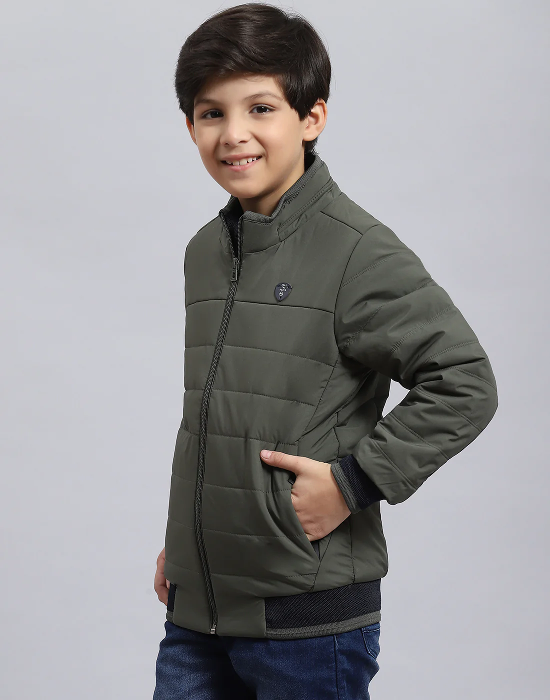 Boys Olive Solid Stand Collar Full Sleeve Boys Jacket - Image 3