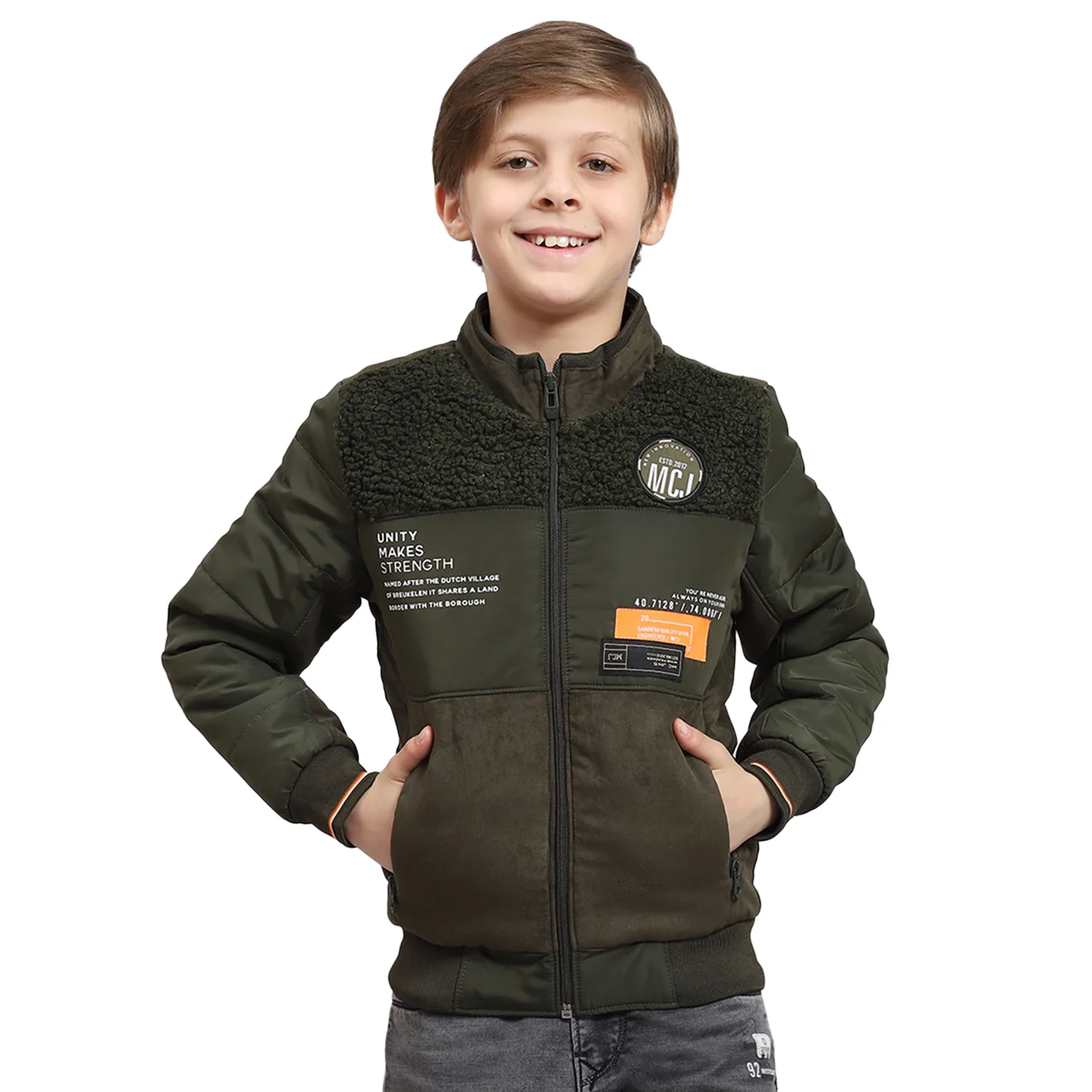 Boys Olive Solid Stand Collar Full Sleeve Boys Jacket - Image 5