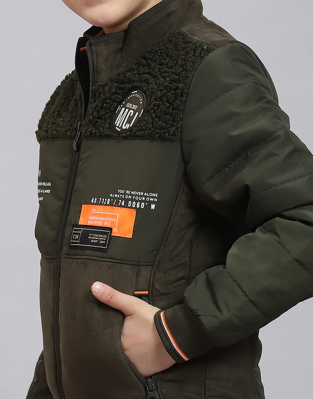Boys Olive Solid Stand Collar Full Sleeve Boys Jacket - Image 7