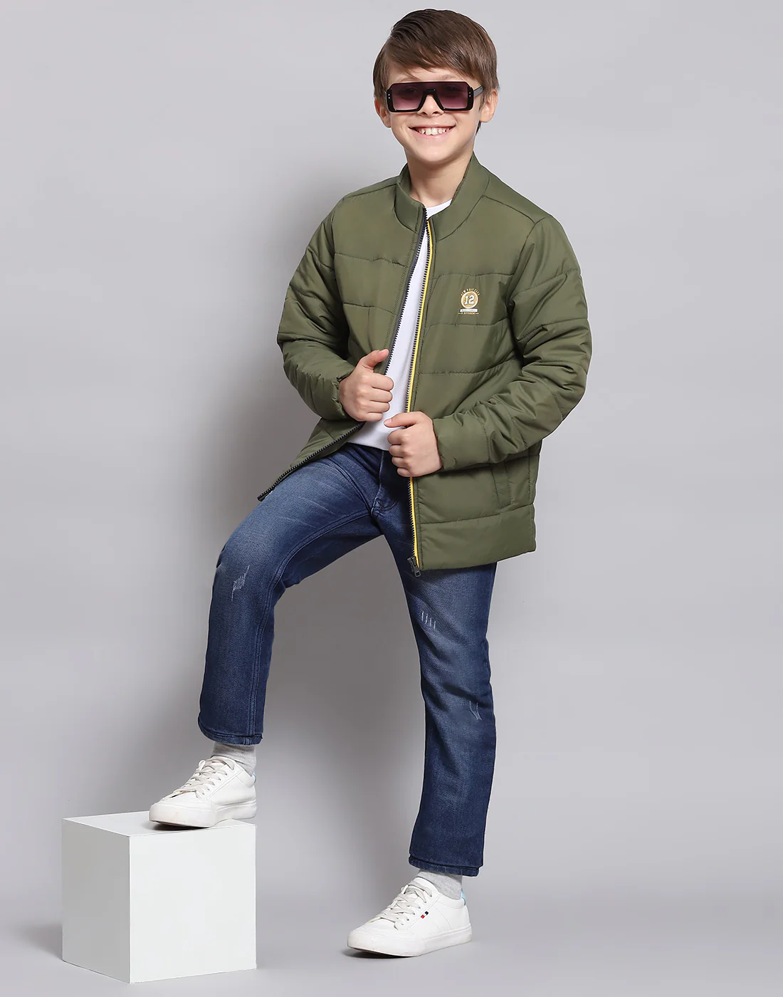 Boys Olive Solid Stand Collar Full Sleeve Boys Jacket - Image 2