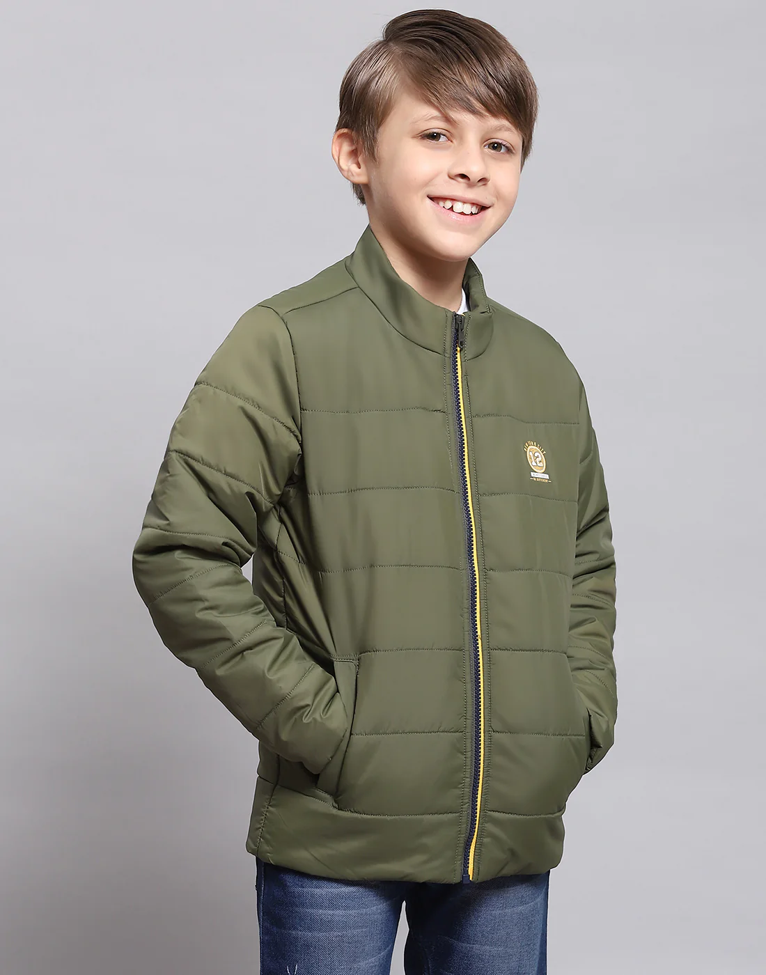 Boys Olive Solid Stand Collar Full Sleeve Boys Jacket - Image 4