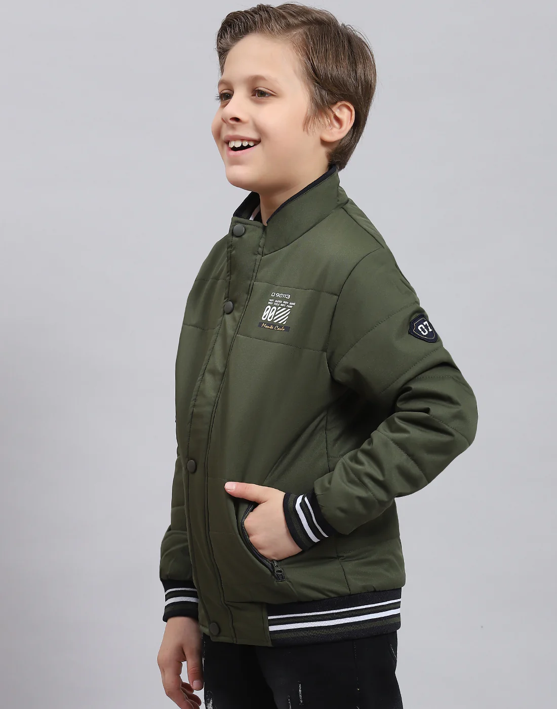 Boys Olive Solid Stand Collar Full Sleeve Boys Jacket - Image 3