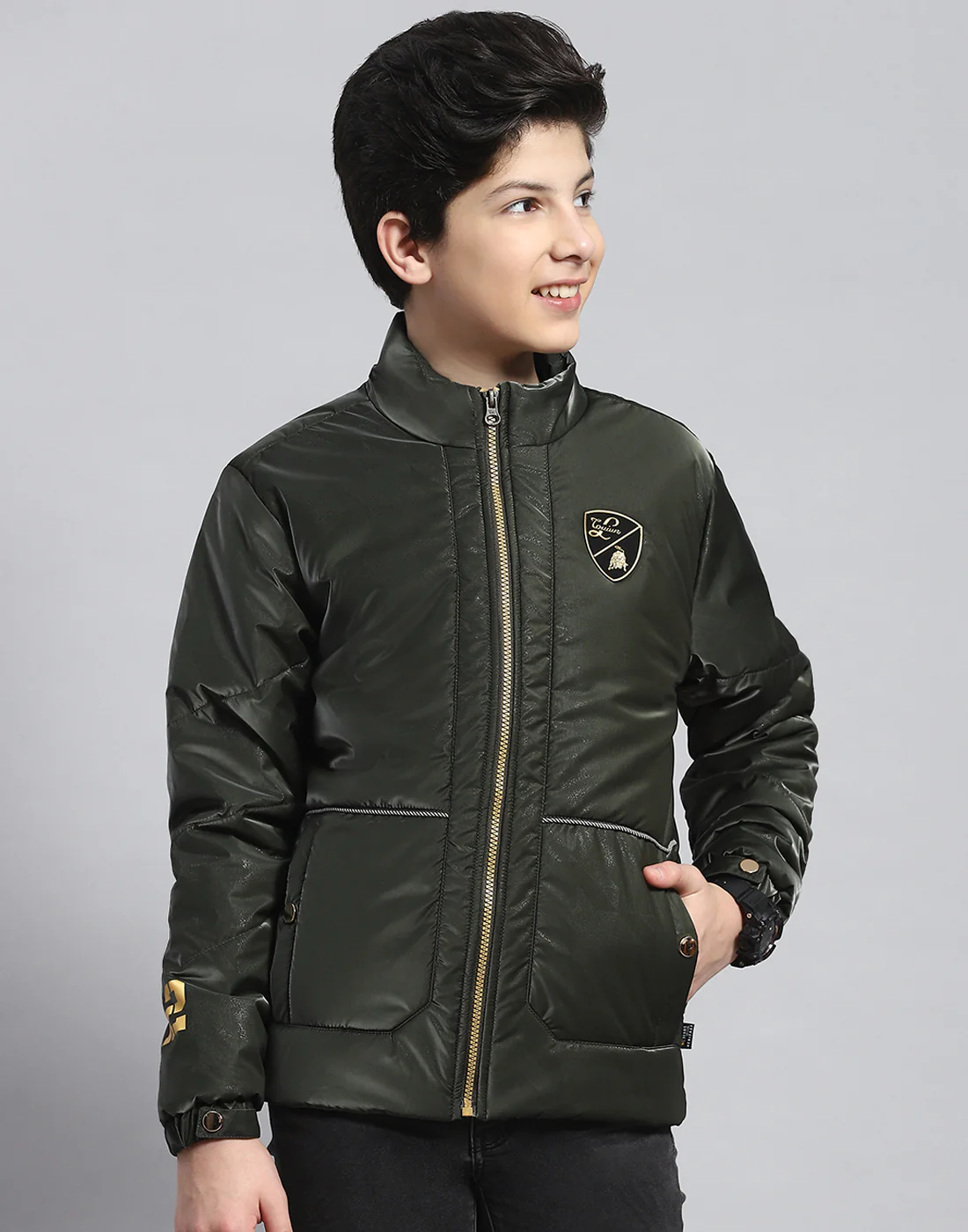 Boys Olive Solid Stand Collar Full Sleeve Boys Jacket - Image 2