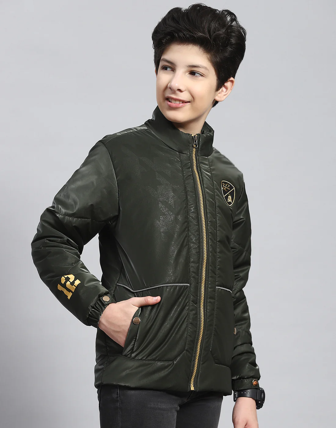 Boys Olive Solid Stand Collar Full Sleeve Boys Jacket - Image 4