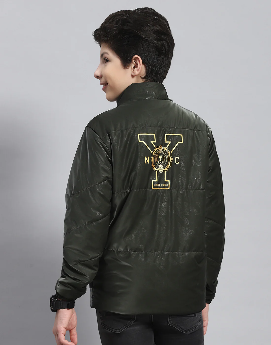 Boys Olive Solid Stand Collar Full Sleeve Boys Jacket - Image 5