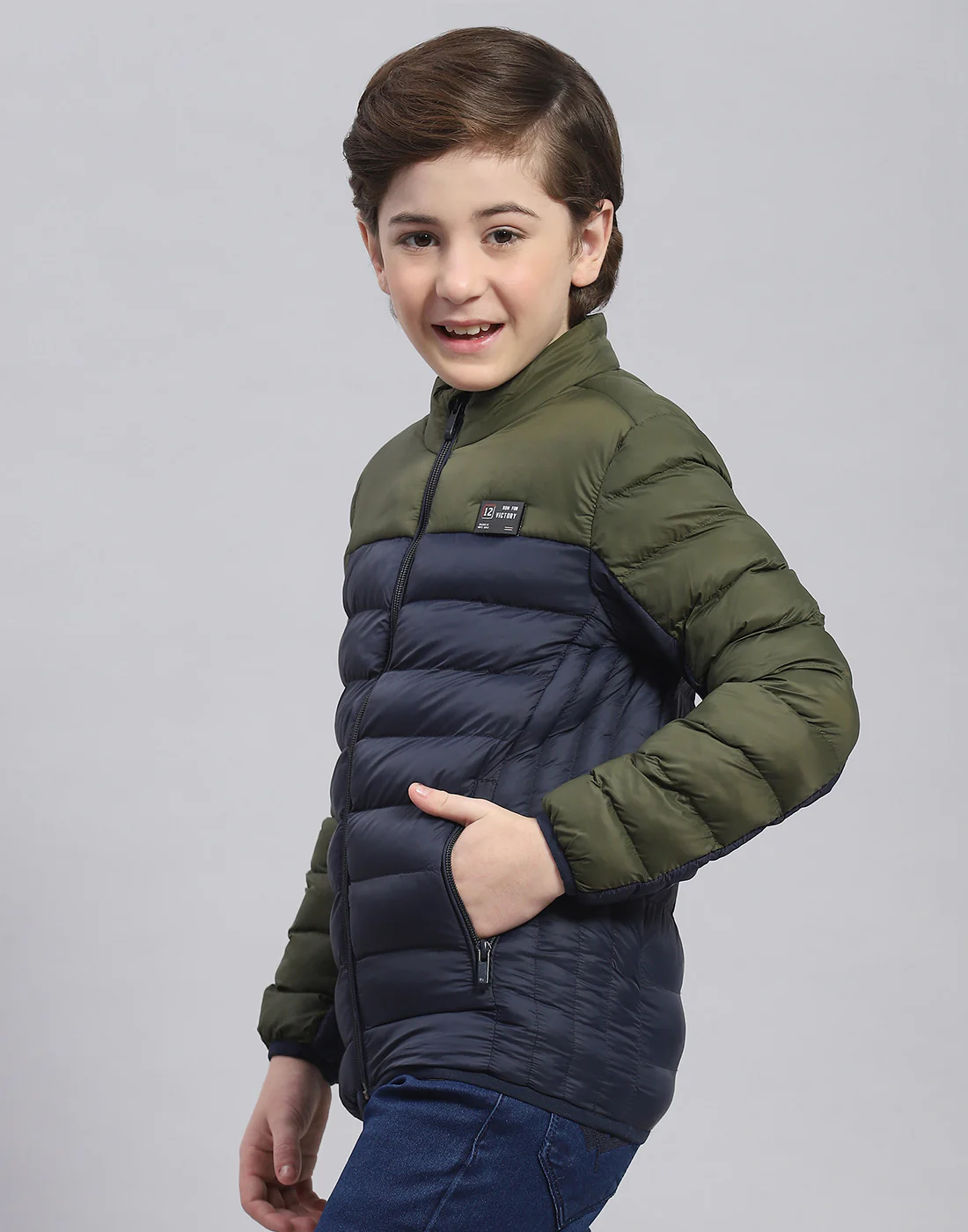 Boys Olive Solid Stand Collar Full Sleeve Boys Jacket - Image 3