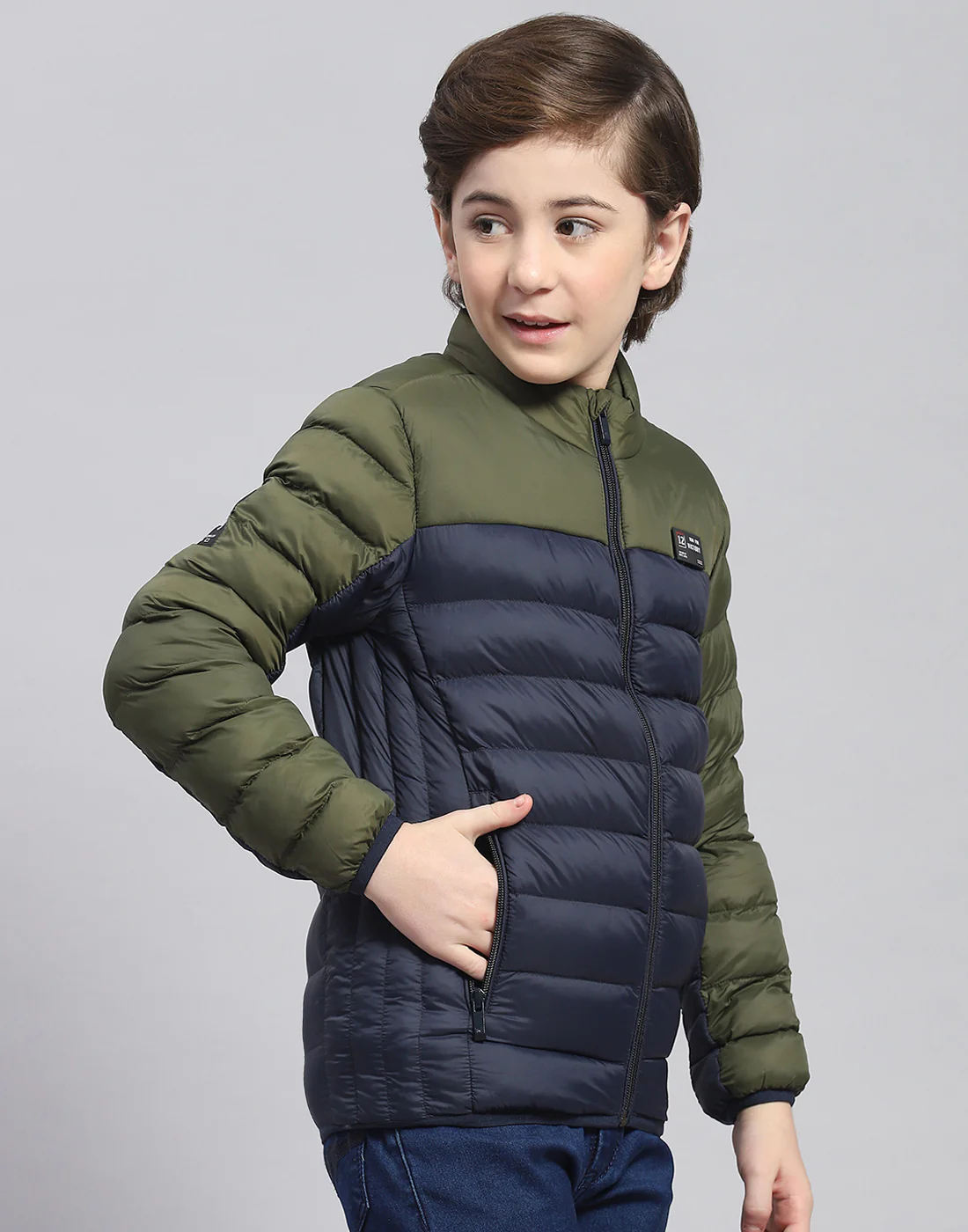 Boys Olive Solid Stand Collar Full Sleeve Boys Jacket - Image 4