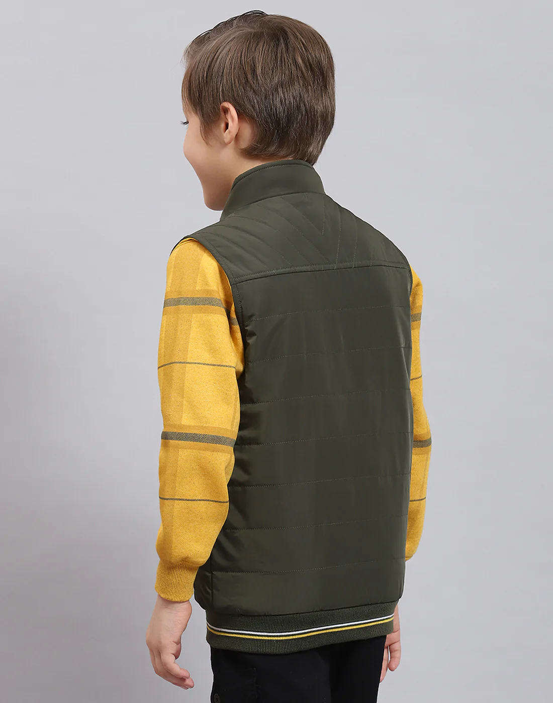 Boys Olive Solid Stand Collar Sleeveless Boys Jacket - Image 6