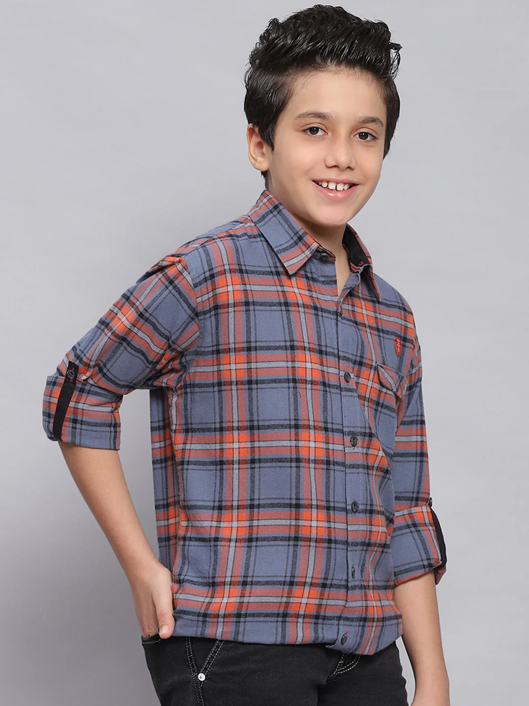 Boys Orange Check Spread Collar Full Sleeve Shirts - Image 4