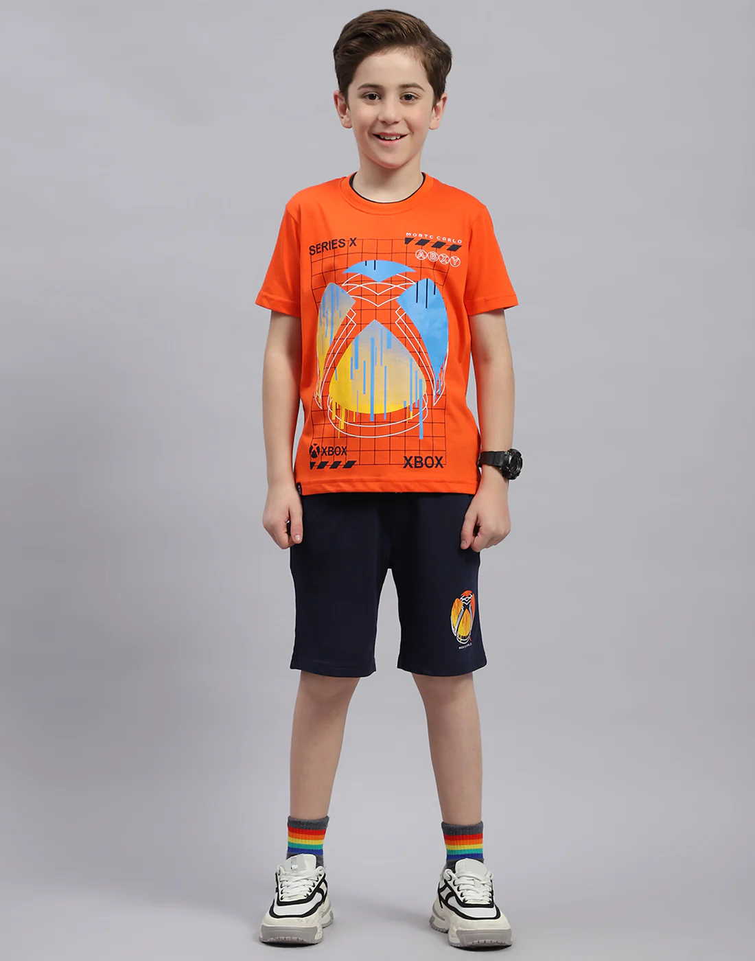 Boys Orange & Navy Blue Printed Round Neck Half Sleeve Bermuda Set - Image 2