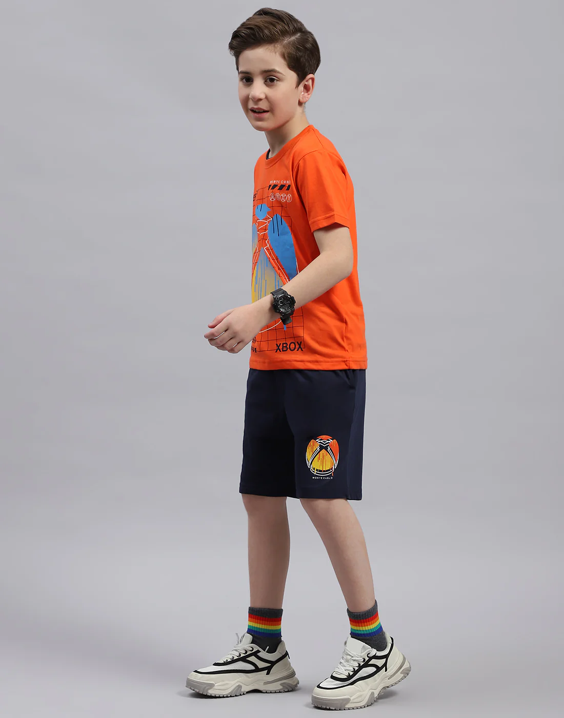 Boys Orange & Navy Blue Printed Round Neck Half Sleeve Bermuda Set - Image 3