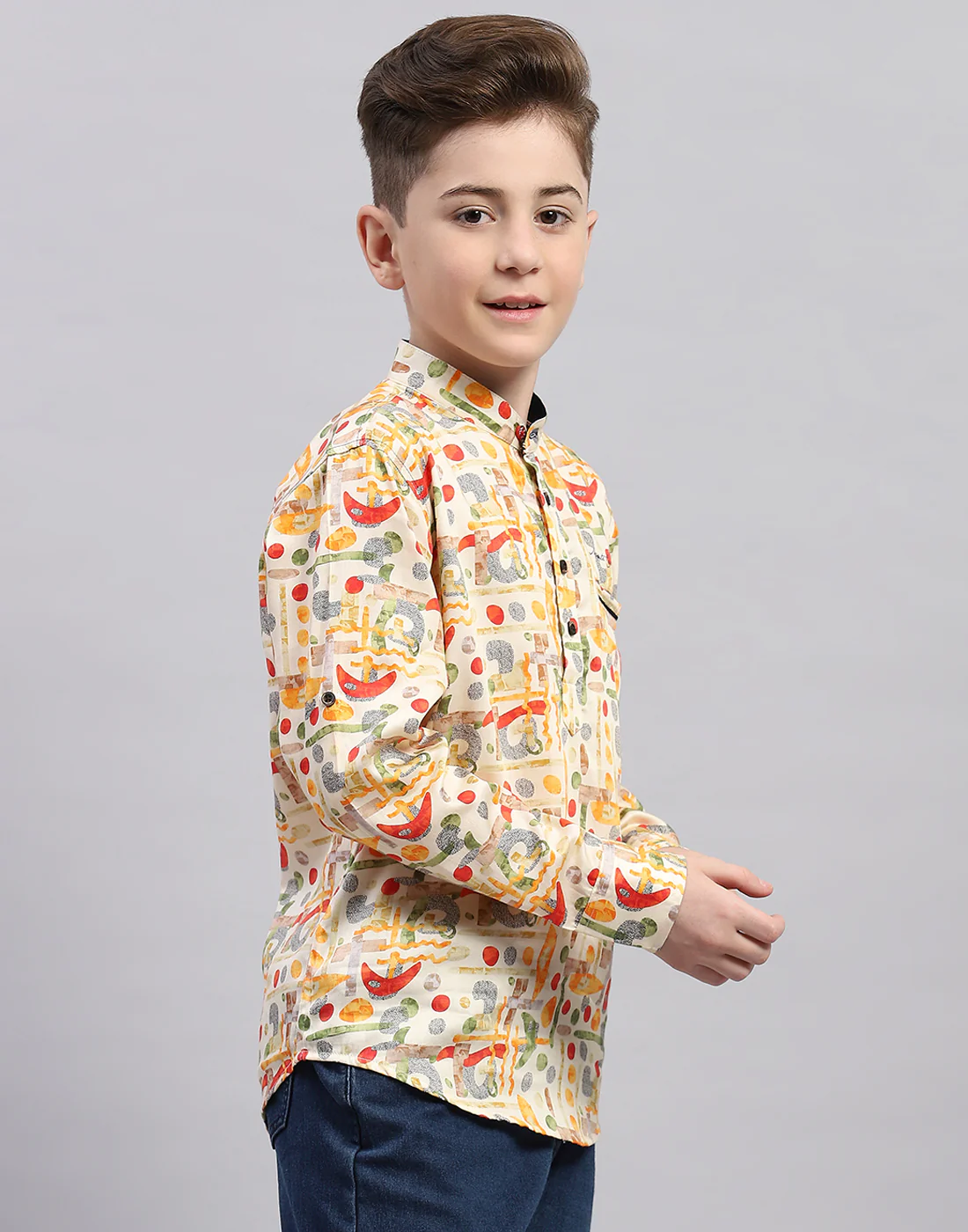 Boys Orange Printed Collar Full Sleeve Shirt - Image 4