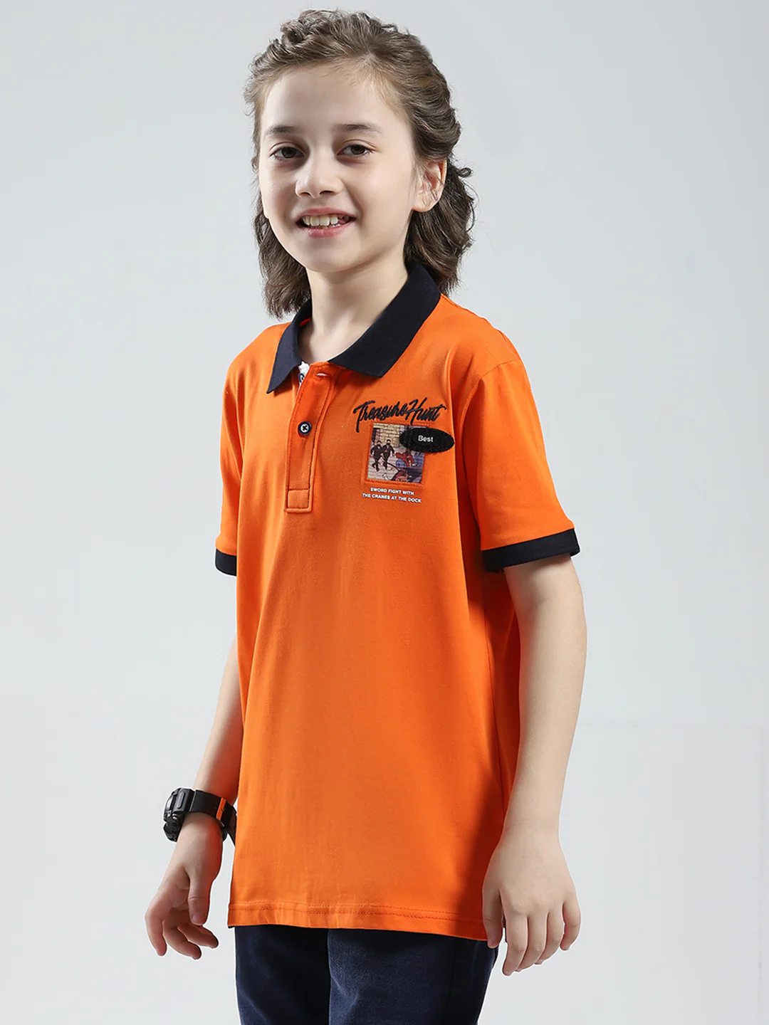 Boys Orange Printed Collar Half Sleeve T-Shirt - Image 3