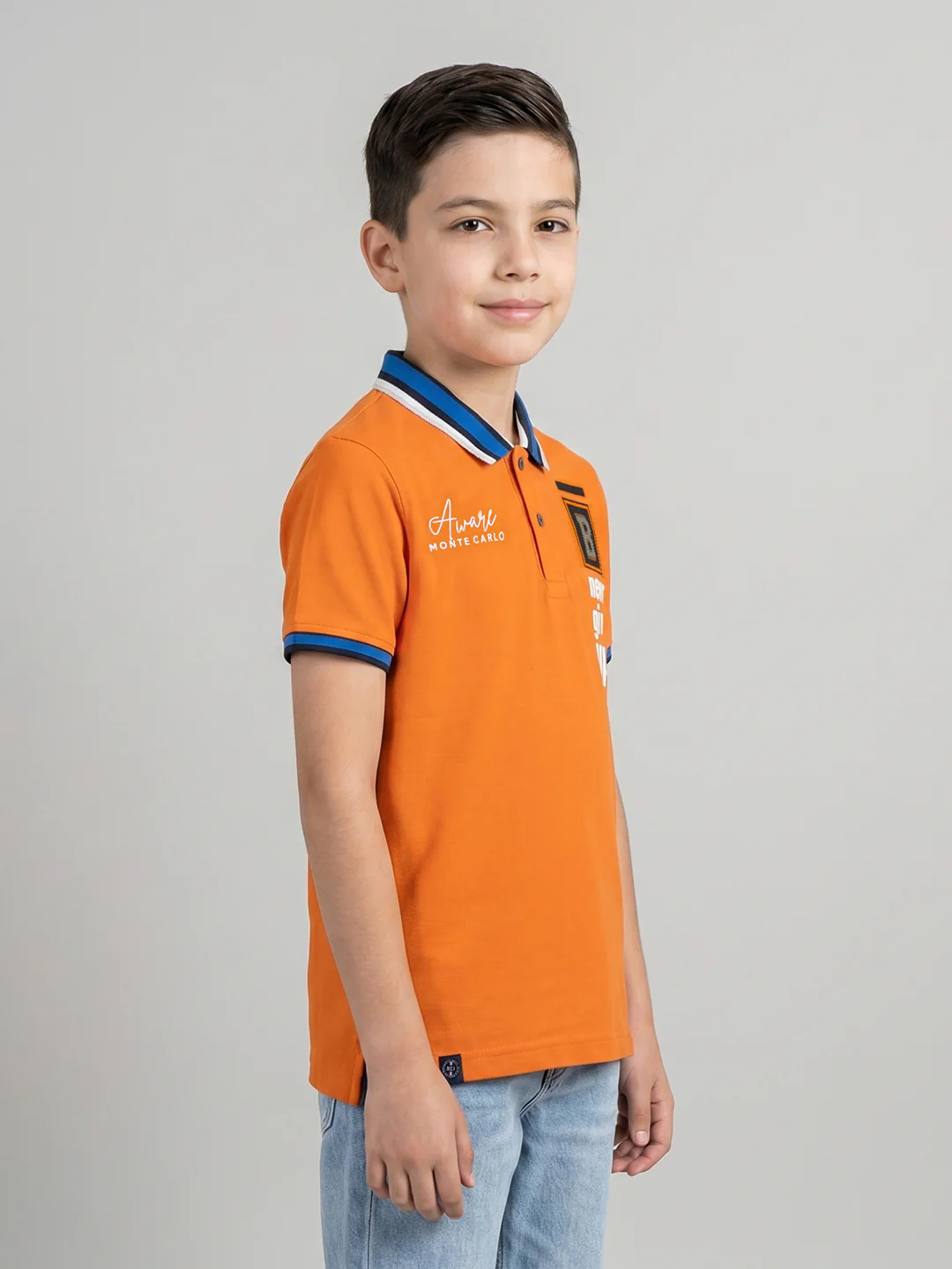 Boys Orange Printed Collar Half Sleeve T-Shirt - Image 2