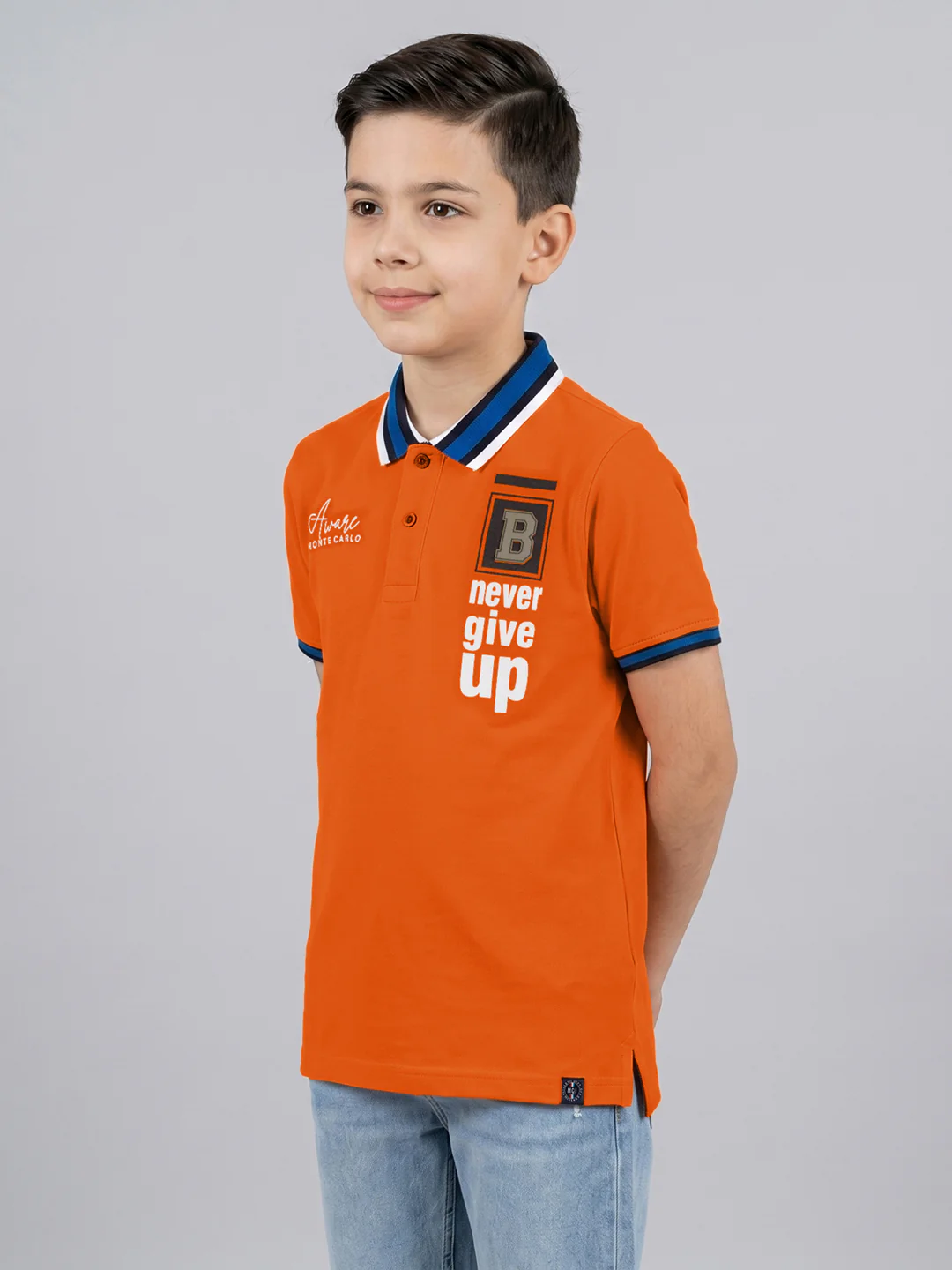 Boys Orange Printed Collar Half Sleeve T-Shirt - Image 3