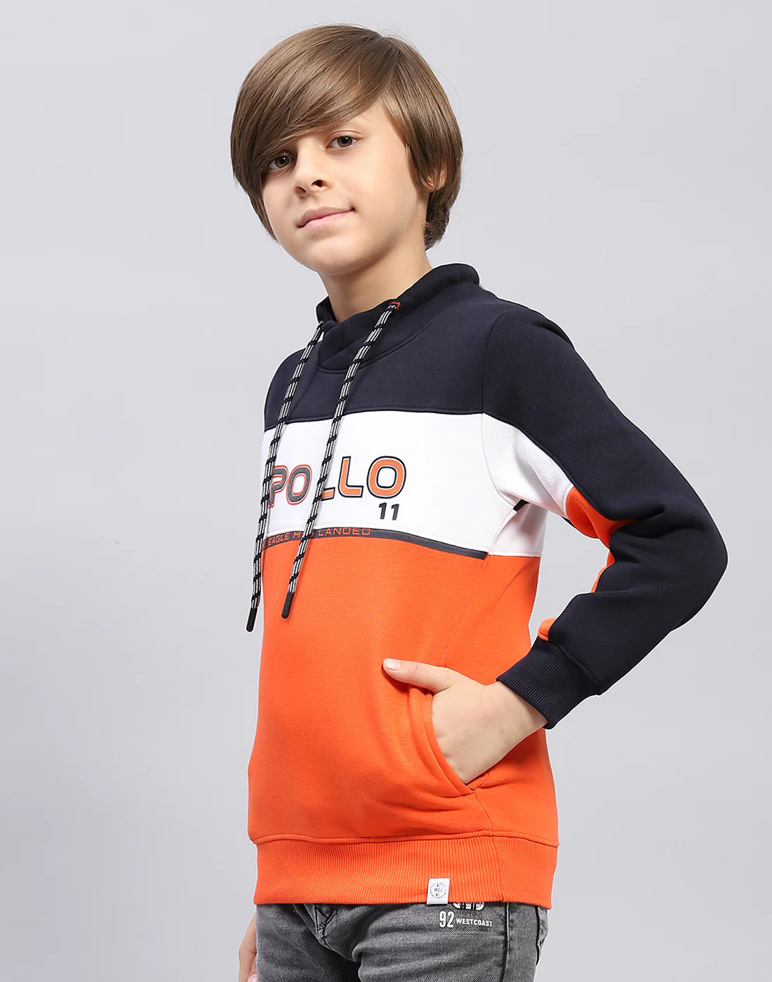 Boys Orange Printed Hooded Full Sleeve Sweatshirt - Image 3