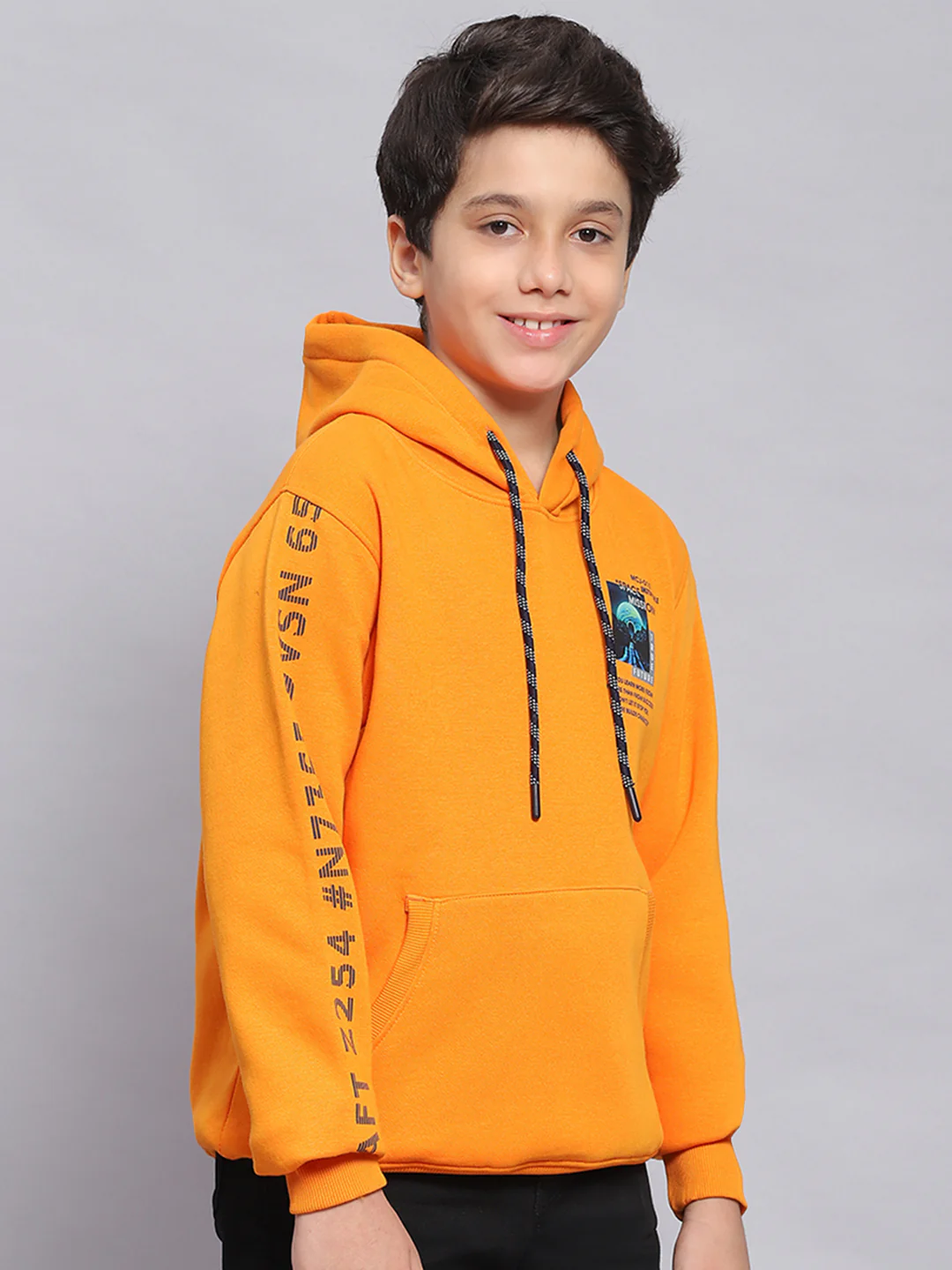Boys Orange Printed Hooded Full Sleeve Sweatshirt - Image 5
