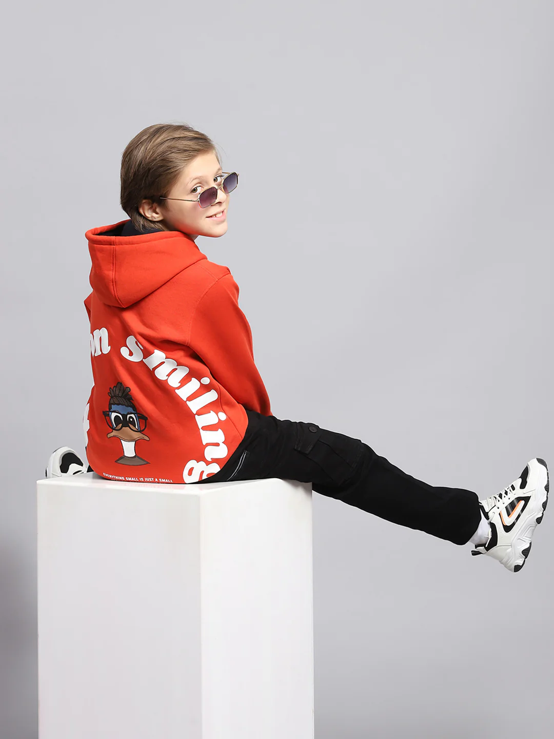 Boys Orange Printed Hooded Full Sleeve Sweatshirt - Image 2