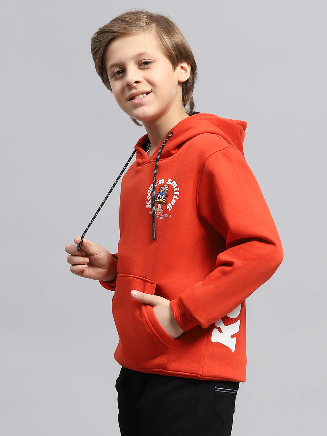 Boys Orange Printed Hooded Full Sleeve Sweatshirt - Image 3