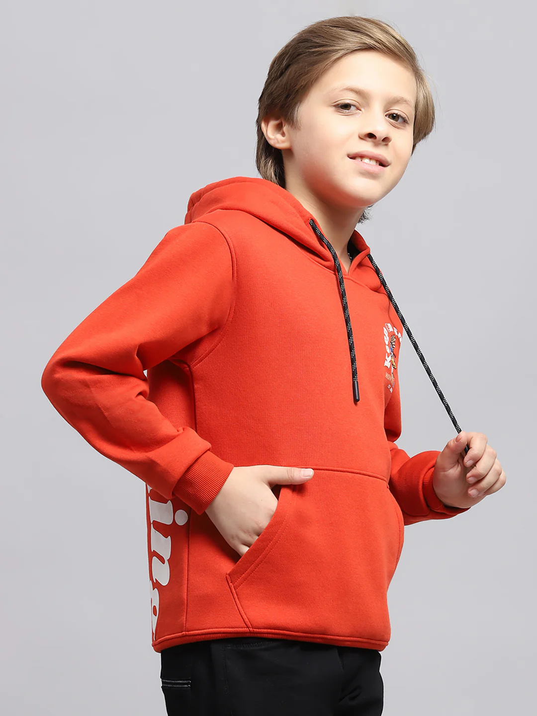 Boys Orange Printed Hooded Full Sleeve Sweatshirt - Image 4