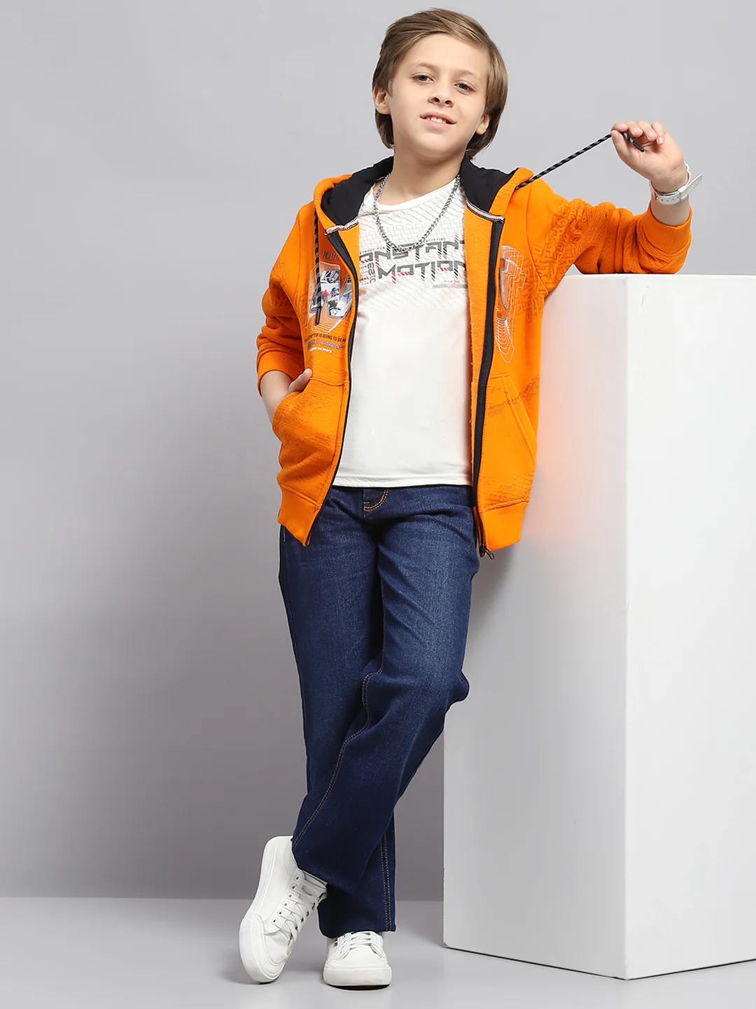 Boys Orange Printed Hooded Full Sleeve Sweatshirt - Image 2