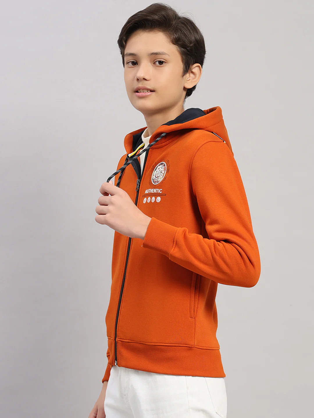 Boys Orange Printed Hooded Full Sleeve Sweatshirt - Image 3