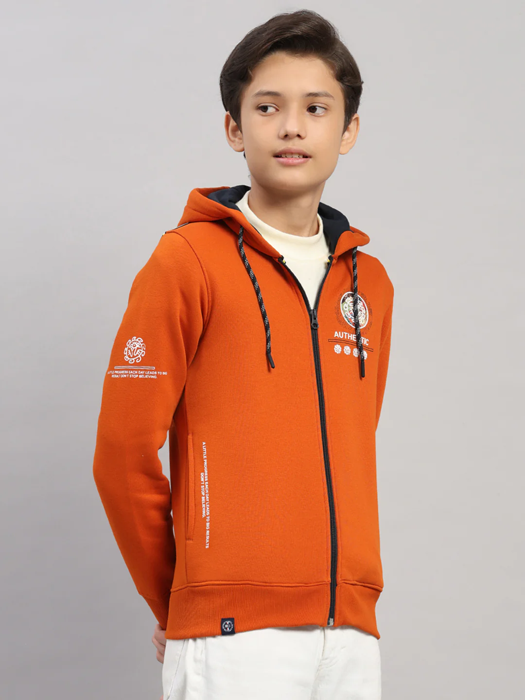 Boys Orange Printed Hooded Full Sleeve Sweatshirt - Image 4