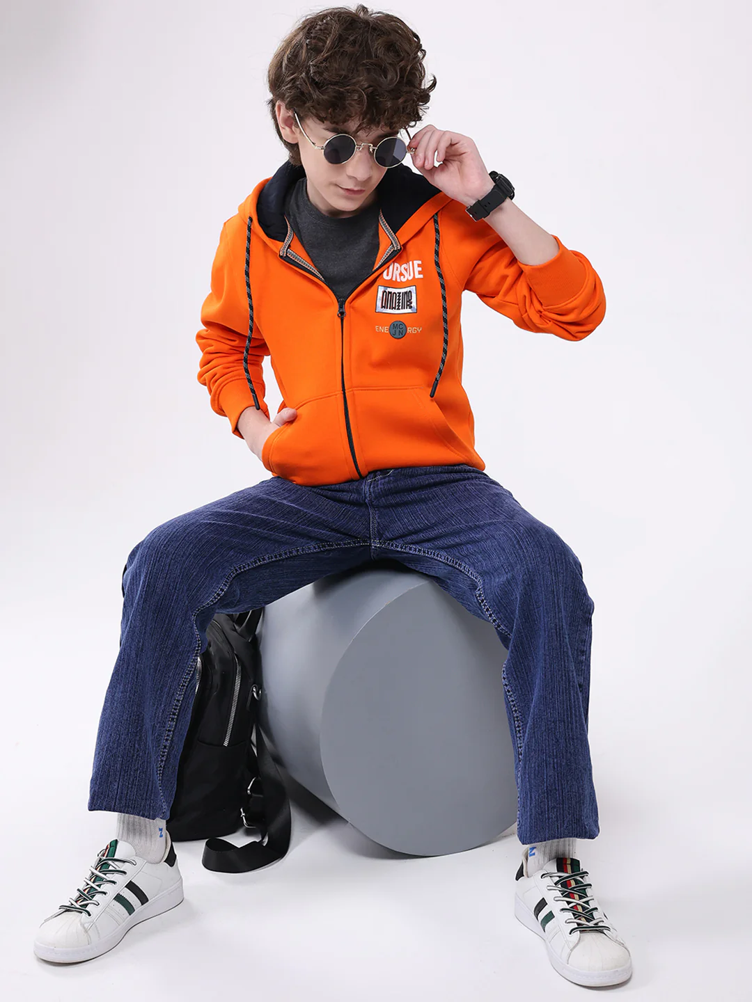Boys Orange Printed Hooded Full Sleeve Sweatshirt - Image 2