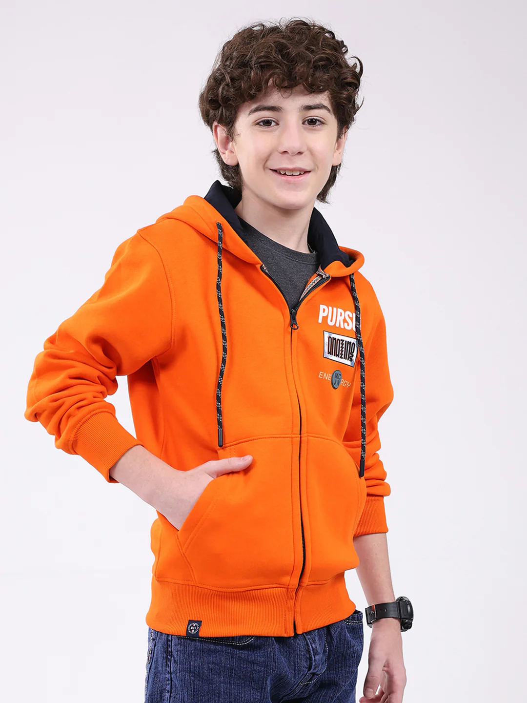 Boys Orange Printed Hooded Full Sleeve Sweatshirt - Image 4