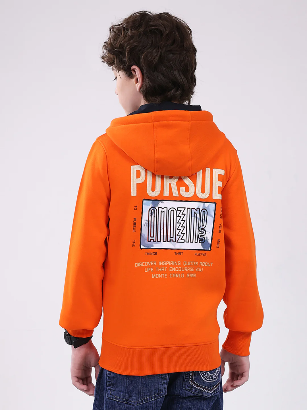 Boys Orange Printed Hooded Full Sleeve Sweatshirt - Image 5