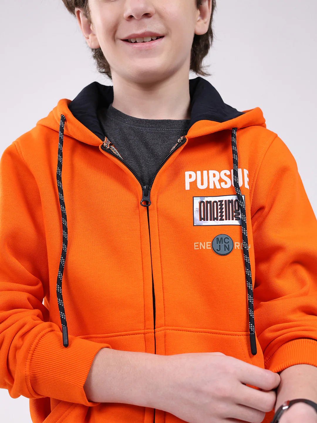 Boys Orange Printed Hooded Full Sleeve Sweatshirt - Image 7