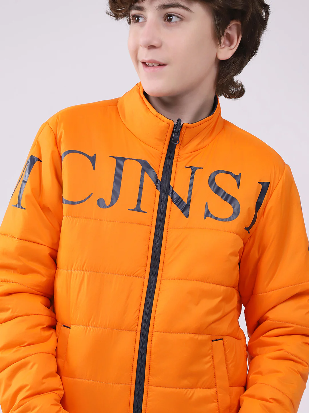 Boys Orange Printed Mock Neck Full Sleeve Boys Reversible Jacket - Image 10