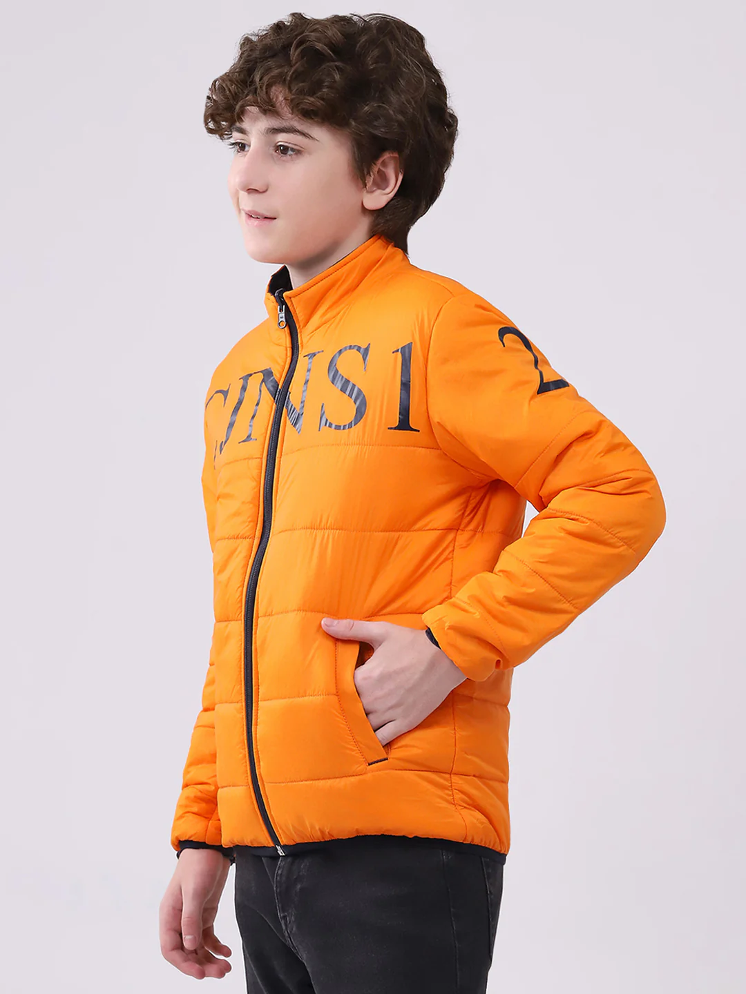 Boys Orange Printed Mock Neck Full Sleeve Boys Reversible Jacket - Image 3