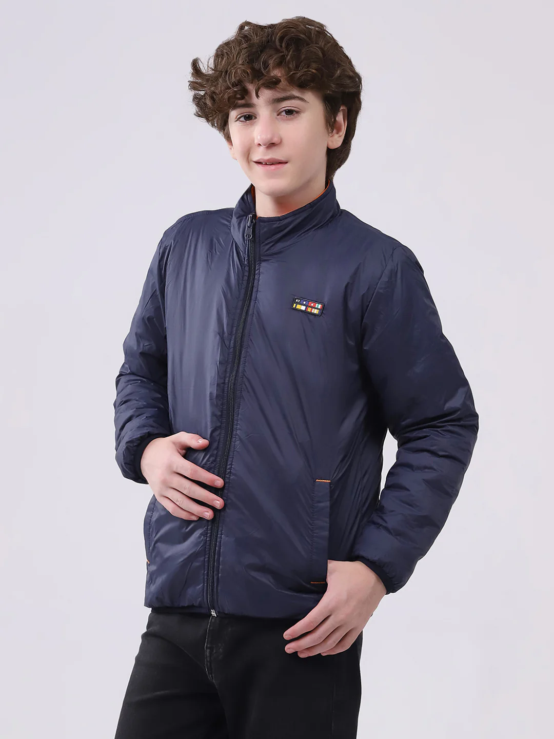 Boys Orange Printed Mock Neck Full Sleeve Boys Reversible Jacket - Image 8