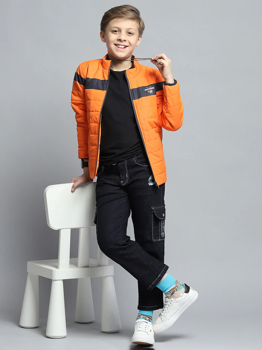 Boys Orange Printed Mock Neck Full Sleeve Jacket - Image 2
