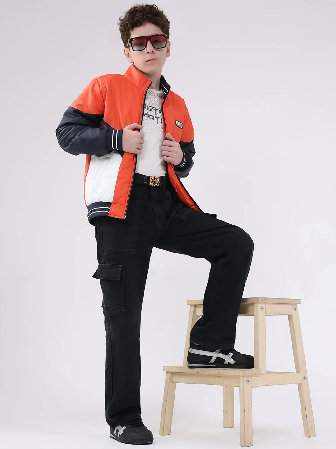 Boys Orange Printed Mock Neck Full Sleeve Jacket - Image 2