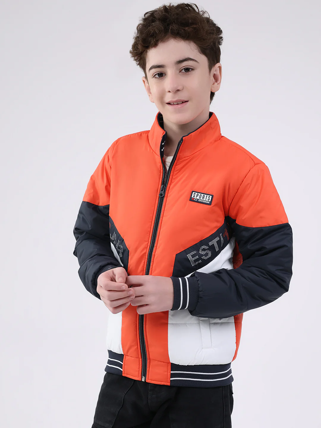 Boys Orange Printed Mock Neck Full Sleeve Jacket - Image 3