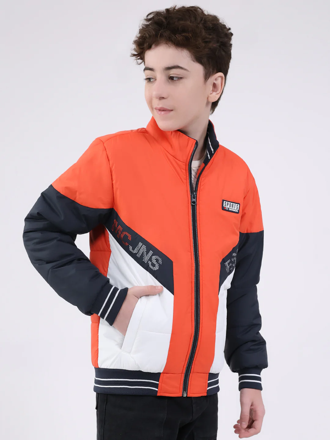 Boys Orange Printed Mock Neck Full Sleeve Jacket - Image 4