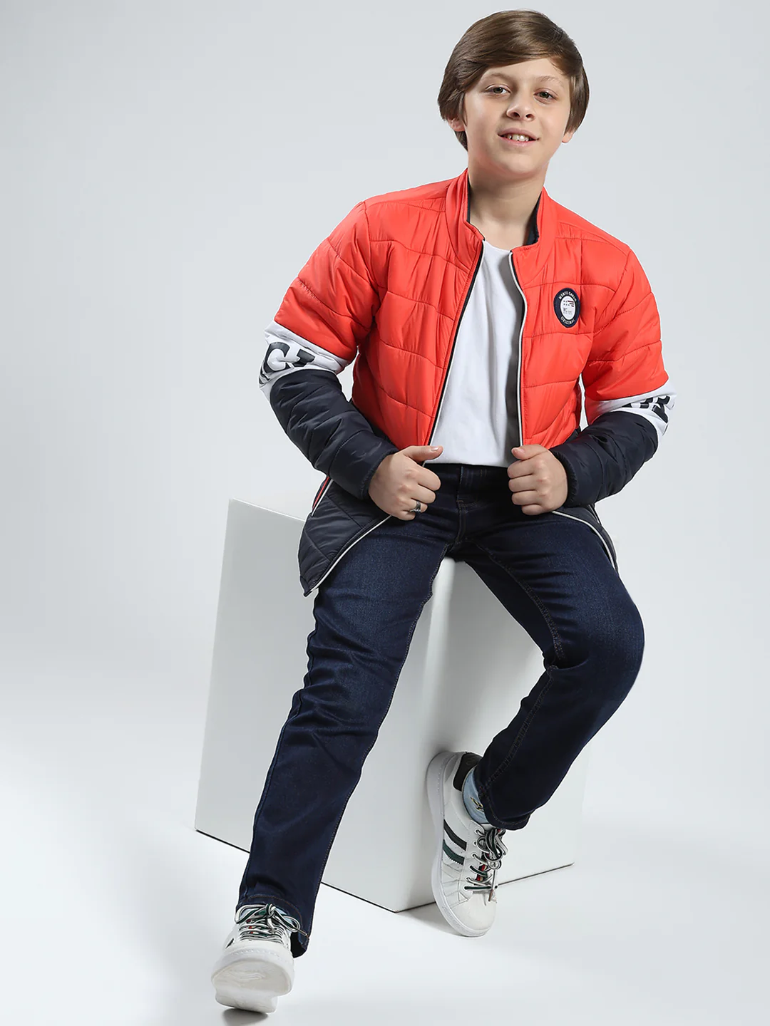 Boys Orange Printed Mock Neck Full Sleeve Reversible Jacket - Image 2