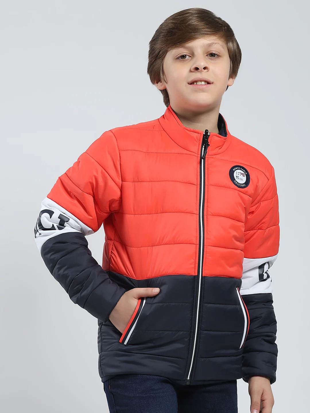 Boys Orange Printed Mock Neck Full Sleeve Reversible Jacket - Image 4