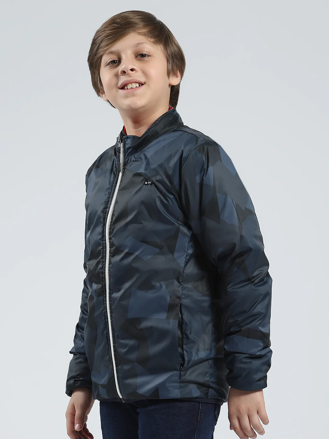 Boys Orange Printed Mock Neck Full Sleeve Reversible Jacket - Image 9