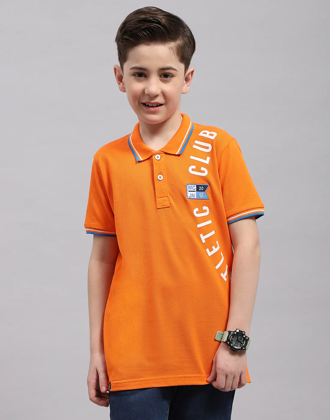 Boys Orange Printed Polo Collar Half Sleeve T-Shirt - Image 3