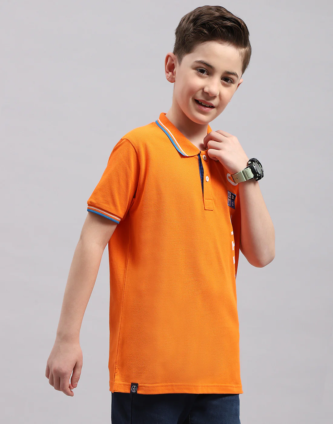 Boys Orange Printed Polo Collar Half Sleeve T-Shirt - Image 5