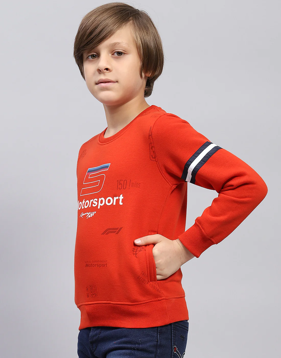 Boys Orange Printed Round Neck Full Sleeve Sweatshirt - Image 3