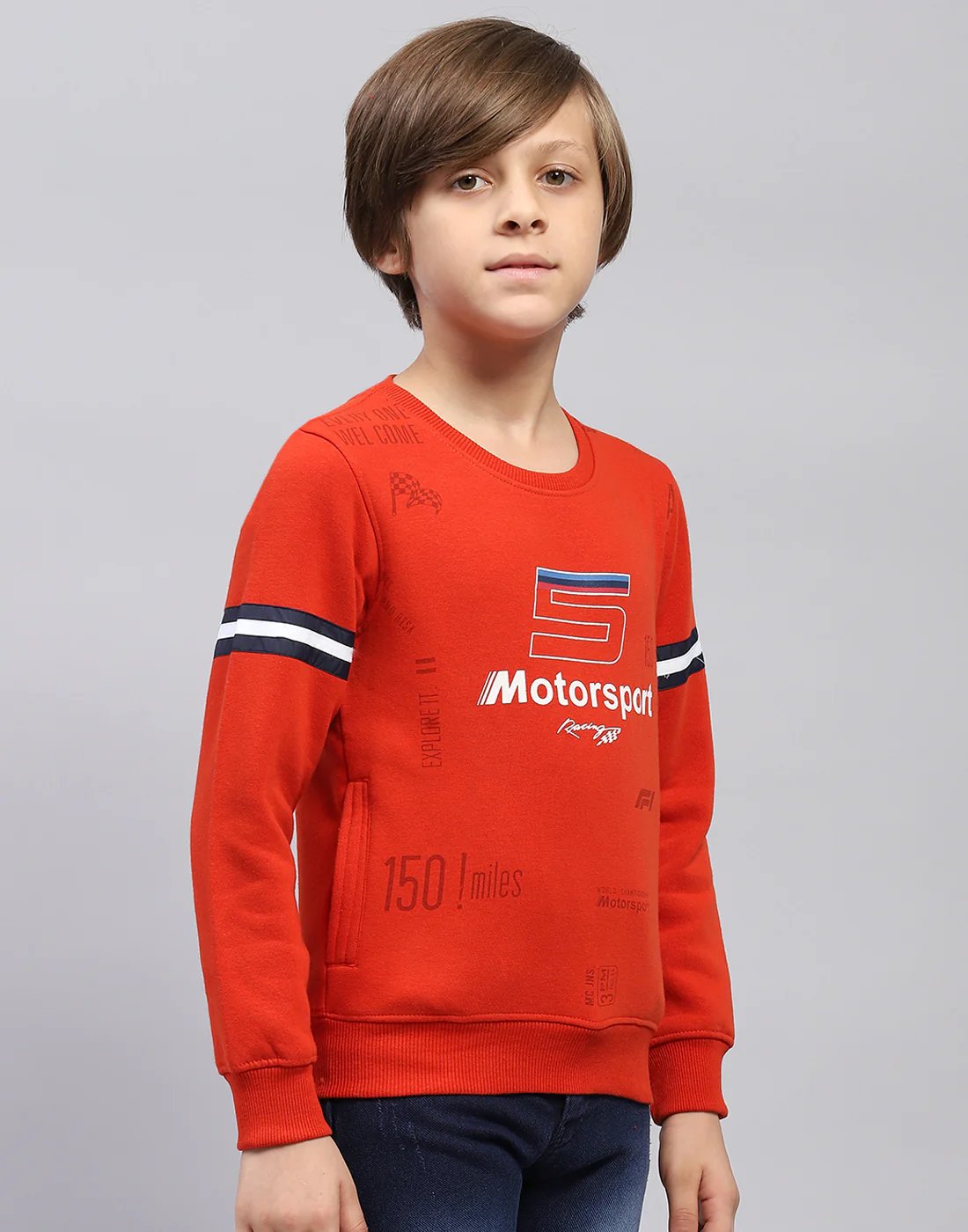 Boys Orange Printed Round Neck Full Sleeve Sweatshirt - Image 4