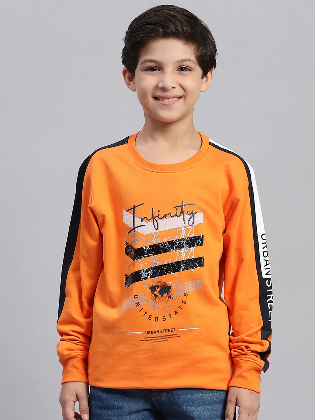 Boys Orange Printed Round Neck Full Sleeve Sweatshirt - Image 2