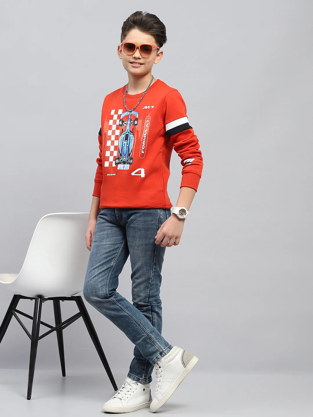 Boys Orange Printed Round Neck Full Sleeve Sweatshirt - Image 2