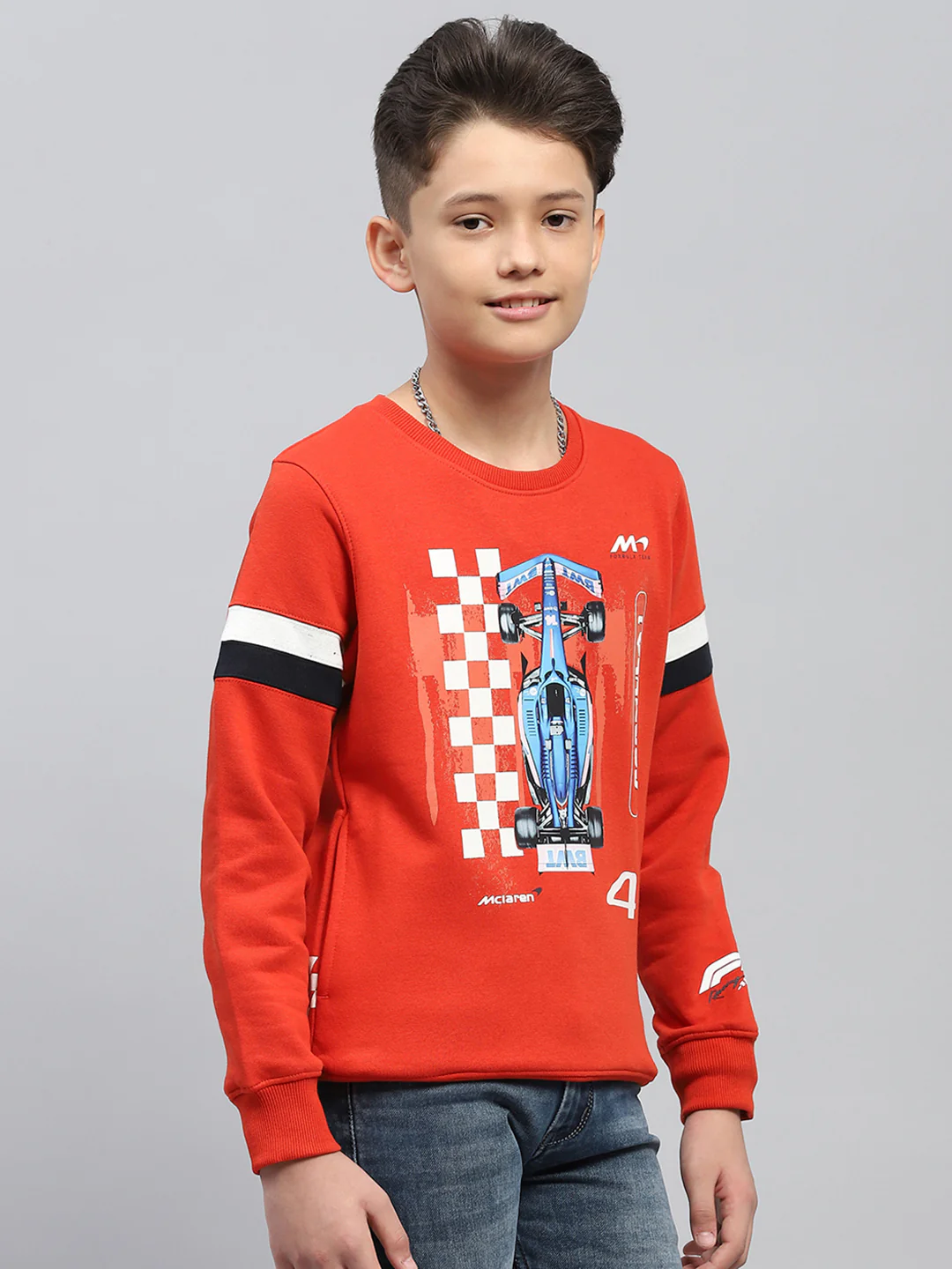 Boys Orange Printed Round Neck Full Sleeve Sweatshirt - Image 4