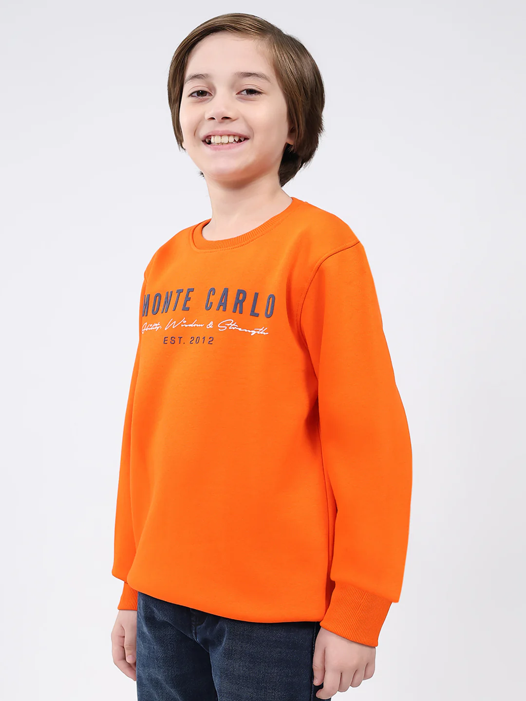 Boys Orange Printed Round Neck Full Sleeve Sweatshirt - Image 3